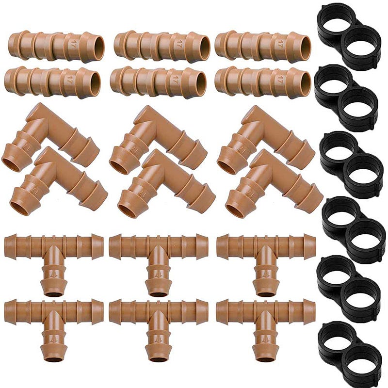JAYEE 24P Drip Irrigation Fittings Kit for 1/2" Tubing (.600 ID), 17mm Parts- 6 Tees, 6 Couplings, 6 Elbows,6 End Cap Plugs- Barded Connectors for Rain Bird Pipe and Sprinkler Systems (24 Pieces Set) - Image 1